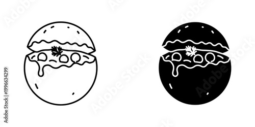 Takoyaki traditional Japanese street food balls with sauce and garnish vector icon in outline and solid styles.