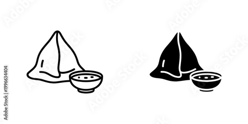 Samosa savory pastry snack with dipping sauce vector icon in outline and solid fill for ethnic restaurant menu.