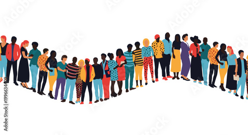 Large crowd of diverse people of various ages and styles standing in a long wavy line against a white background.