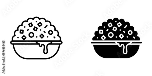 Bowl of fried rice with vegetables and sauce icon set for restaurant menus and digital apps featuring line and solid glyph styles on white background for foodies seeking authentic asian cuisine art.
