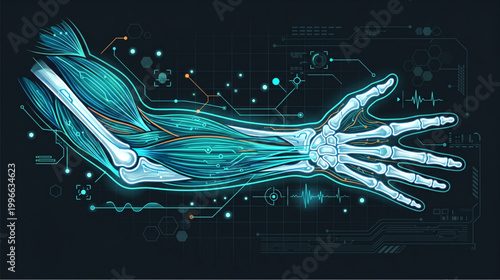 Futuristic bionic arm illustration showing cybernetic muscles and internal digital circuitry