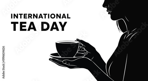 Silhouette of a woman holding a warm cup of tea for international tea day celebration event