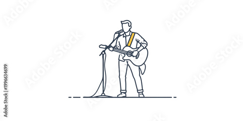 A musician playing an acoustic guitar and singing into a microphone on stage Vector