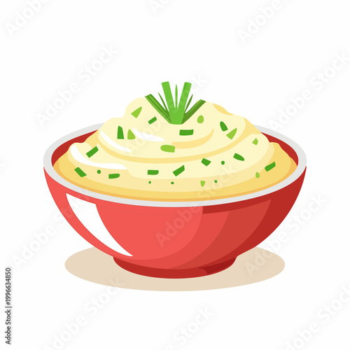 Mashed Potatoes in a Red Bowl with Chives