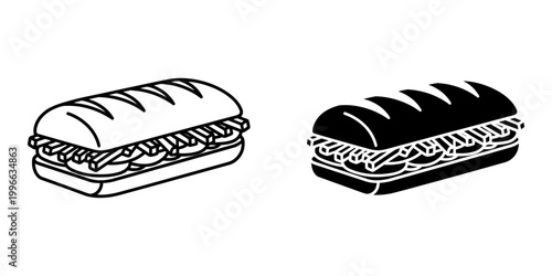 Submarine sandwich line and glyph icon american fast food vector illustration design element object isolated on white background for web and print.