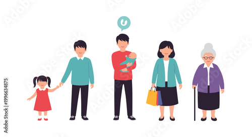 Set of diverse people in casual everyday situations like walking dogs, meeting friends, and strolling with a baby.