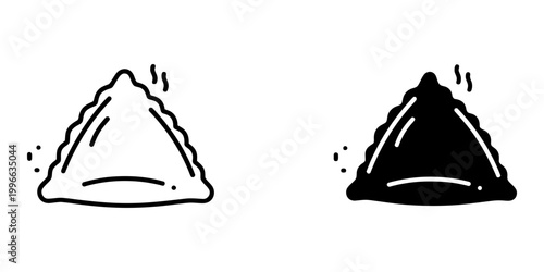 Outline and solid black silhouette of a triangular pastry with ruffled edges and small dots indicating texture for baking and confectionary design assets.