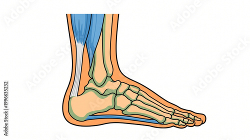 Detailed medical illustration of the human ankle joint showing Achilles tendon and plantar fascia