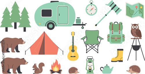 Colorful Outdoor Camping Icons Collection Tent Campfire Lantern Backpack and Forest Animals