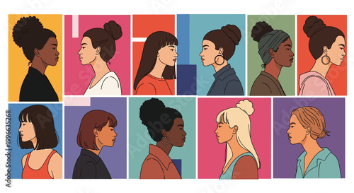 Illustrations of workplace scenes including a new employee arrival, gift giving between colleagues, and an analyst at work.
