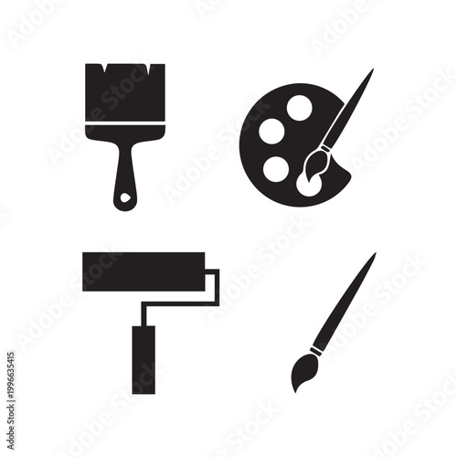 Painting Tools Icon Set (Brush & Roller) on white background or silhouette vector 
