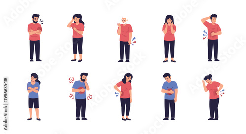 Set of illustrations depicting men and women experiencing different types of physical pain including backaches, headaches, and stomach issues.