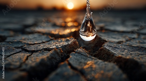 Single clear water drop suspended above cracked earth at sunrise, powerful environmental scarcity metaphor concept