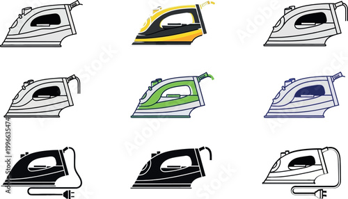 Electric Iron Vector Set with Different Styles and Color Variations for Household Appliance Design, Laundry Equipment Illustration, and Home Utility Graphics Collection