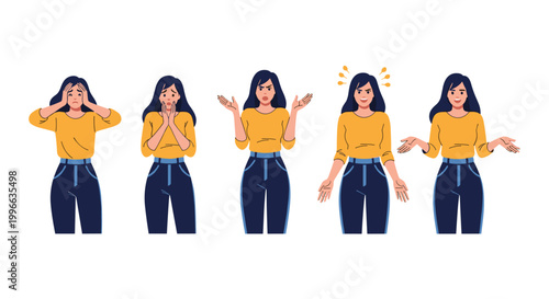 Same young woman is illustrated with five different facial expressions and body languages to represent a range of human emotions.