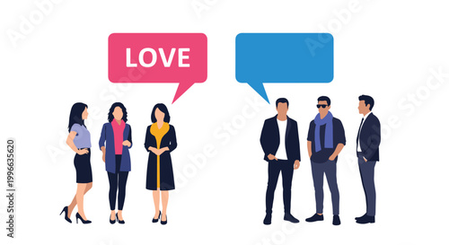 Groups of women and men stand separately with speech bubbles representing gender differences in communication and social interaction.
