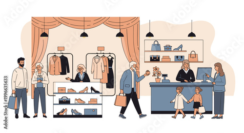 Customers browse through a modern boutique clothing store featuring racks of apparel and shelves of shoes with helpful sales assistants.