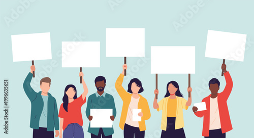 Group of diverse activists stands together holding blank white protest signs and placards to represent peaceful demonstration and advocacy.