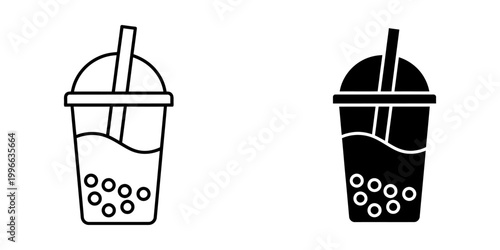 Bubble tea drink in disposable cup with straw and tapioca pearls icon outline and silhouette vector set.