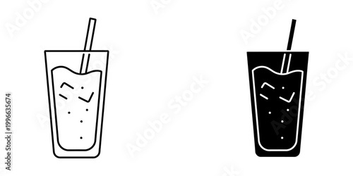 Glass of cold drink with ice cubes and straw icon outline and silhouette vector set.