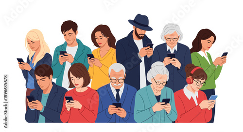 Crowd of people from different generations are absorbed in their smartphones while standing together in a public space environment.