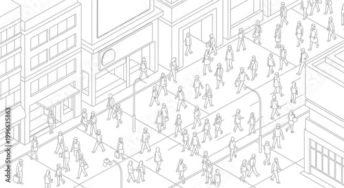 Isometric illustration of a bustling city street scene with numerous pedestrians walking along sidewalks and crossing streets, depicted in a clean line art style.
