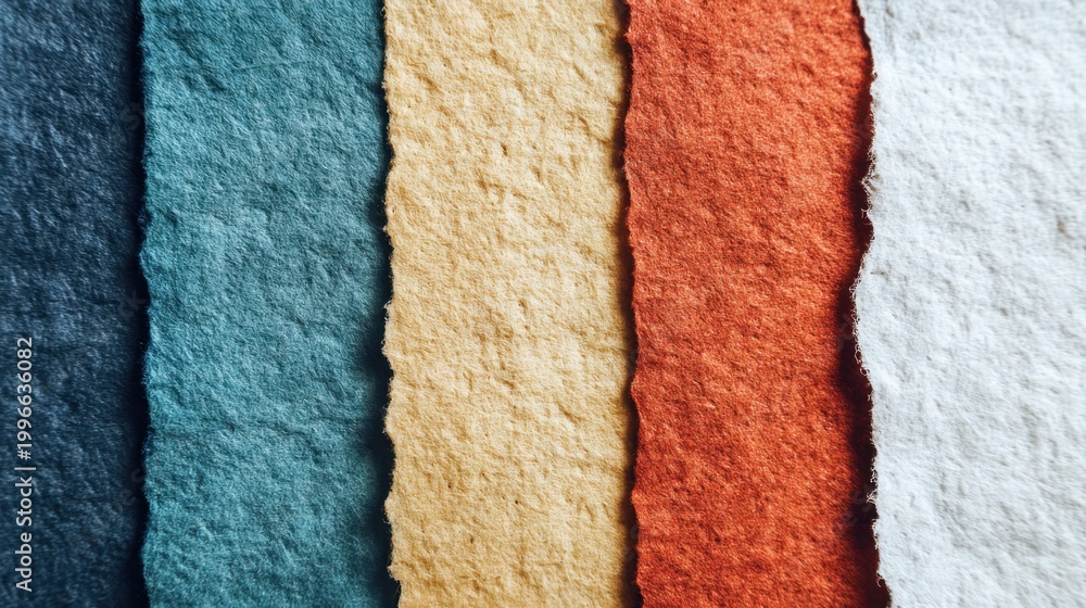 Fototapeta premium Vibrant Textured Paper: A captivating close-up of colorful textured paper, each strip showcasing unique tones and textures. A visually appealing exploration of texture and hue.