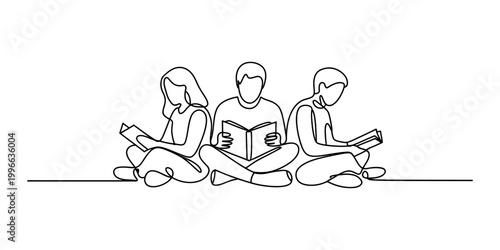 Three young students sitting and reading books together as a continuous line drawing Vector, illustration