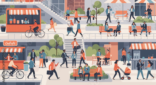 A vibrant, bustling urban street scene filled with diverse people engaged in various daily activities, shopping, and commuting.