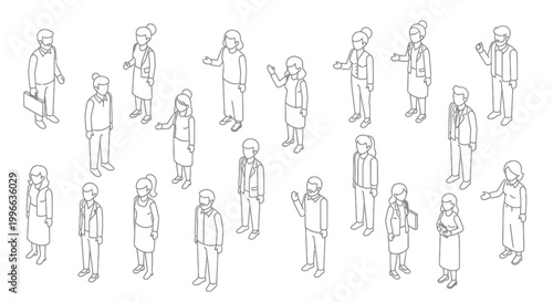 A diverse collection of isometric line art illustrations depicting various individuals in casual and professional attire, engaged in different poses and activities.