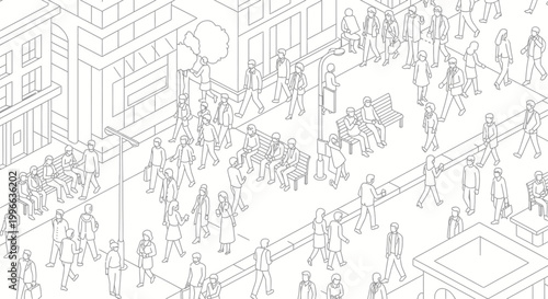 An isometric line drawing depicts a bustling city street scene filled with numerous people engaged in various activities, with buildings lining the thoroughfare.