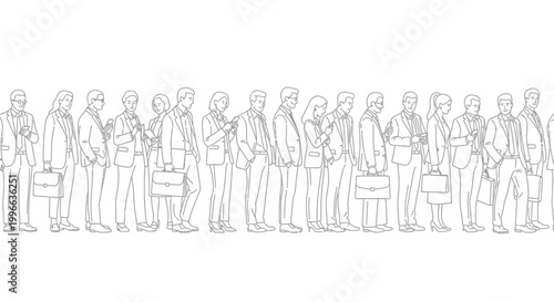 A long line of people dressed in business attire, each holding a briefcase and looking at their smartphones while waiting.