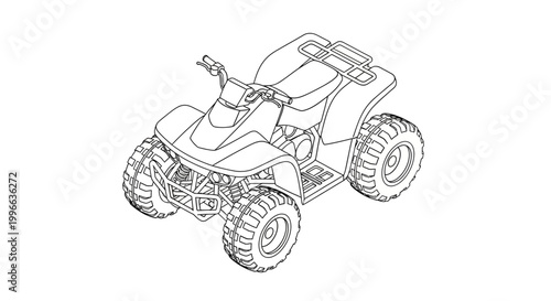 An isometric line drawing of a child's all-terrain vehicle (ATV) with large knobby tires and a rugged frame.