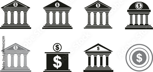 Bank and finance icons set including classic buildings money symbols investment savings and financial institution vector collection