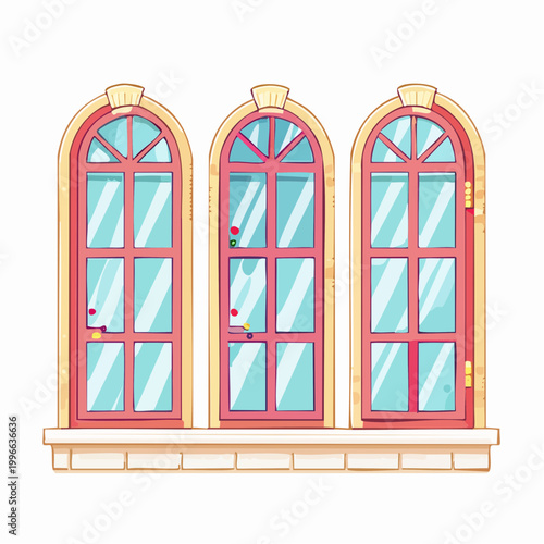 Three arched windows with pink frames and light blue glass