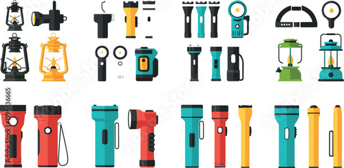 Flashlight and Lantern Vector Set with Camping Lights, Emergency Torches, and Portable Lighting Equipment for Outdoor Adventure, Survival Gear, and Utility Design