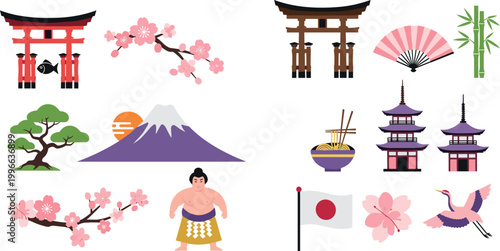 Cute Cartoon Japanese Landmarks and Cultural Elements Fuji Sakura Sumo Wrestler and Pagoda