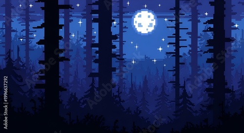 Pixel Art Forest Night Sky Moon Stars Blue