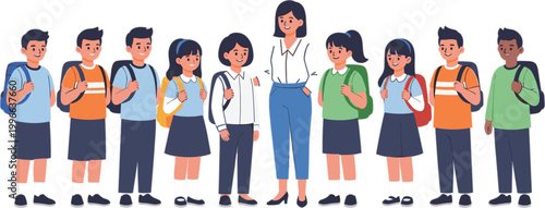 School Children and Teacher - Group of Students with Backpacks in Classroom Illustration