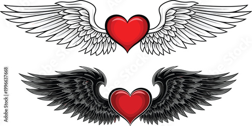 Heart with angel wings set in detailed tattoo style, romantic love symbols with black and white feathers for Valentine design and decorative vector illustration