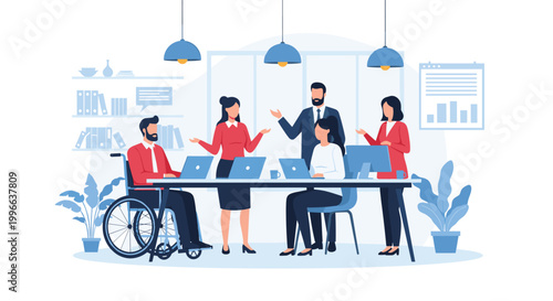 Inclusive business team including a man in a wheelchair conducts a productive meeting around a table with laptops in a bright office.
