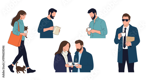 Collection of people in everyday life situations such as walking a cat, drinking coffee on the go, or meeting a friend for a chat.