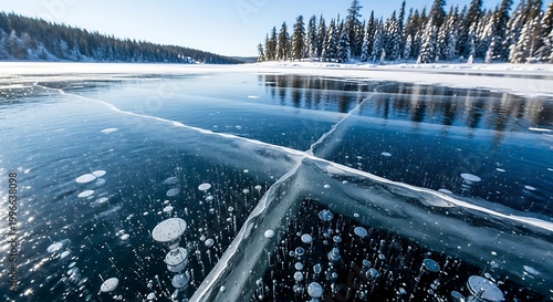 Close-up of frozen lake with trapped air bubbles water