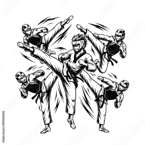 Dynamic illustration of a martial artist performing high kicks in a circular formation, conveying intense action and competitive spirit within a sports context
