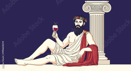 Classic illustration of a bearded man in an ancient toga reclining by a marble column while holding a glass of red wine.