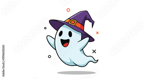 Adorable smiling cartoon ghost wearing a tall purple witch hat with a red band and golden buckle floats playfully.