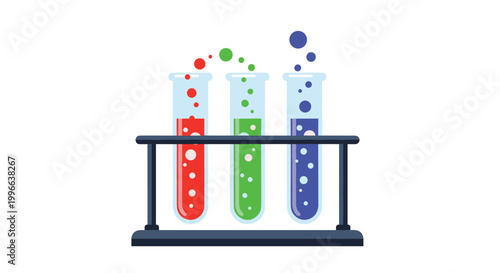 Set of laboratory test tubes filled with colorful red, green, and blue liquids bubbling during a scientific experiment in a rack.