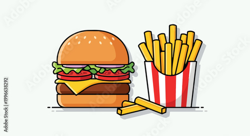 Tableau sur toile A cartoon double cheeseburger with fries