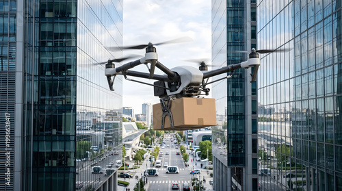 Modern delivery drone carrying a cardboard package flying between glass office buildings in a smart city urban environment for fast logistics
