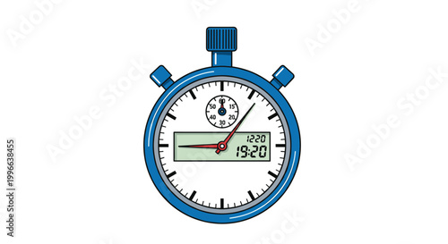 Classic blue stopwatch with a digital display and analog dial is shown on a white background representing time management.